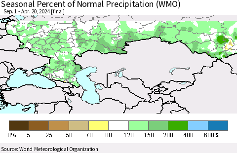 Russian Federation Seasonal Percent of Normal Precipitation (WMO) Thematic Map For 9/1/2023 - 4/20/2024