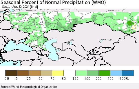 Russian Federation Seasonal Percent of Normal Precipitation (WMO) Thematic Map For 9/1/2023 - 4/30/2024