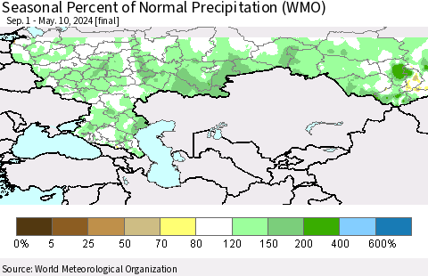 Russian Federation Seasonal Percent of Normal Precipitation (WMO) Thematic Map For 9/1/2023 - 5/10/2024