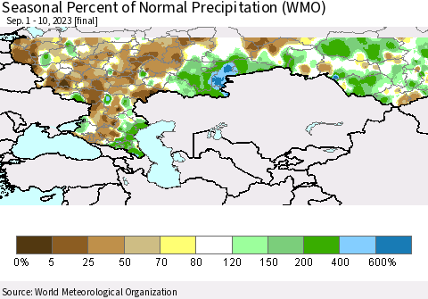 Russian Federation Seasonal Percent of Normal Precipitation (WMO) Thematic Map For 9/1/2023 - 9/10/2023