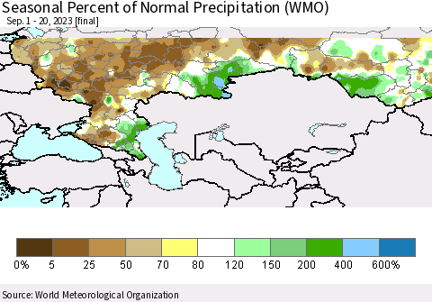 Russian Federation Seasonal Percent of Normal Precipitation (WMO) Thematic Map For 9/1/2023 - 9/20/2023