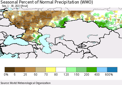 Russian Federation Seasonal Percent of Normal Precipitation (WMO) Thematic Map For 9/1/2023 - 9/30/2023