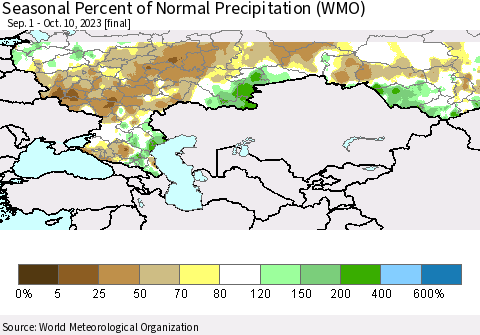 Russian Federation Seasonal Percent of Normal Precipitation (WMO) Thematic Map For 9/1/2023 - 10/10/2023