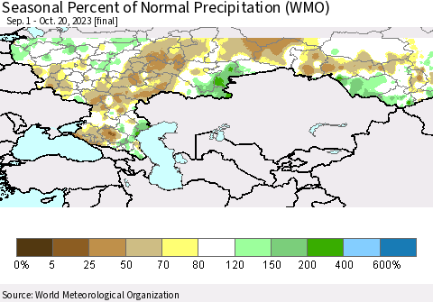 Russian Federation Seasonal Percent of Normal Precipitation (WMO) Thematic Map For 9/1/2023 - 10/20/2023