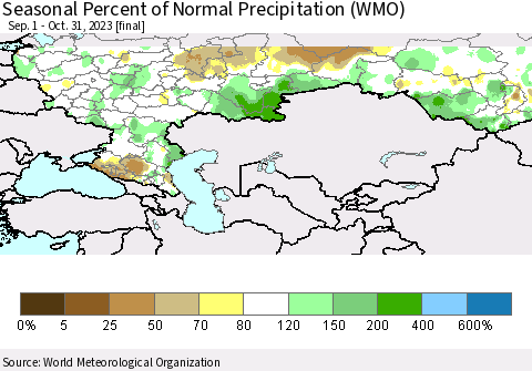 Russian Federation Seasonal Percent of Normal Precipitation (WMO) Thematic Map For 9/1/2023 - 10/31/2023