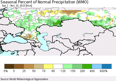 Russian Federation Seasonal Percent of Normal Precipitation (WMO) Thematic Map For 9/1/2023 - 11/10/2023