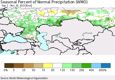 Russian Federation Seasonal Percent of Normal Precipitation (WMO) Thematic Map For 9/1/2023 - 11/20/2023