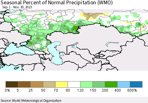 Russian Federation Seasonal Percent of Normal Precipitation (WMO) Thematic Map For 9/1/2023 - 11/30/2023