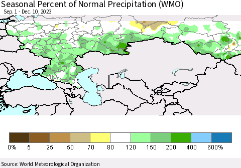 Russian Federation Seasonal Percent of Normal Precipitation (WMO) Thematic Map For 9/1/2023 - 12/10/2023