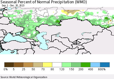 Russian Federation Seasonal Percent of Normal Precipitation (WMO) Thematic Map For 9/1/2023 - 12/20/2023
