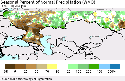 Russian Federation Seasonal Percent of Normal Precipitation (WMO) Thematic Map For 4/1/2024 - 4/10/2024