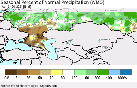 Russian Federation Seasonal Percent of Normal Precipitation (WMO) Thematic Map For 4/1/2024 - 4/20/2024