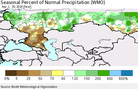 Russian Federation Seasonal Percent of Normal Precipitation (WMO) Thematic Map For 4/1/2024 - 4/30/2024