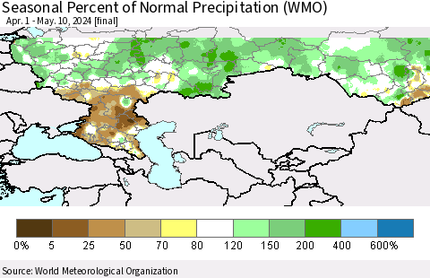 Russian Federation Seasonal Percent of Normal Precipitation (WMO) Thematic Map For 4/1/2024 - 5/10/2024