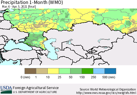 Russian Federation Precipitation 1-Month (WMO) Thematic Map For 3/6/2021 - 4/5/2021