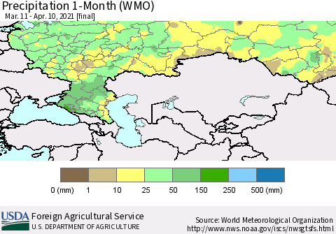 Russian Federation Precipitation 1-Month (WMO) Thematic Map For 3/11/2021 - 4/10/2021