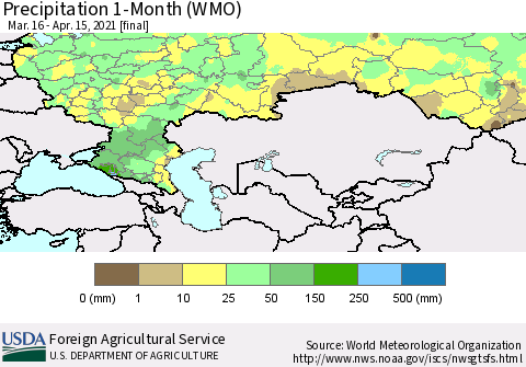 Russian Federation Precipitation 1-Month (WMO) Thematic Map For 3/16/2021 - 4/15/2021