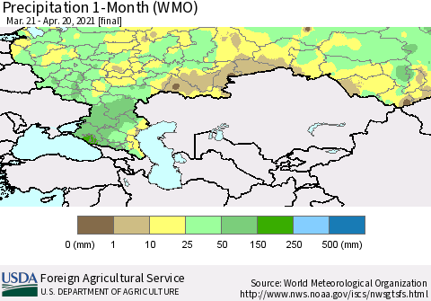 Russian Federation Precipitation 1-Month (WMO) Thematic Map For 3/21/2021 - 4/20/2021