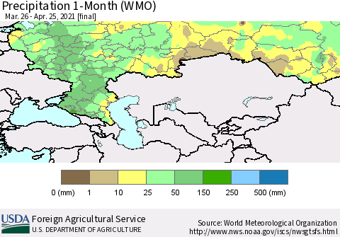 Russian Federation Precipitation 1-Month (WMO) Thematic Map For 3/26/2021 - 4/25/2021