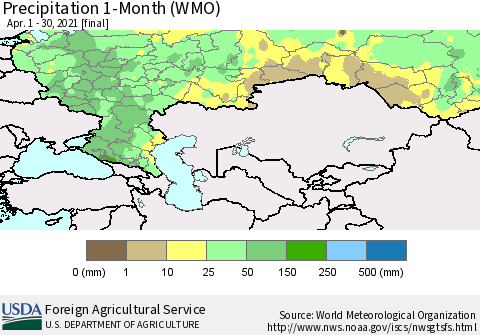 Russian Federation Precipitation 1-Month (WMO) Thematic Map For 4/1/2021 - 4/30/2021