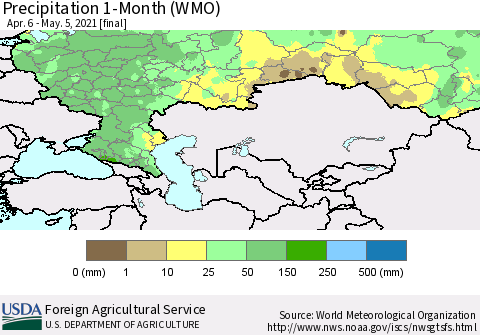 Russian Federation Precipitation 1-Month (WMO) Thematic Map For 4/6/2021 - 5/5/2021