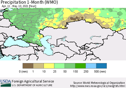 Russian Federation Precipitation 1-Month (WMO) Thematic Map For 4/11/2021 - 5/10/2021