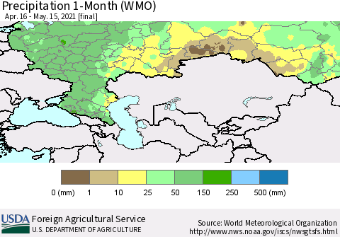 Russian Federation Precipitation 1-Month (WMO) Thematic Map For 4/16/2021 - 5/15/2021