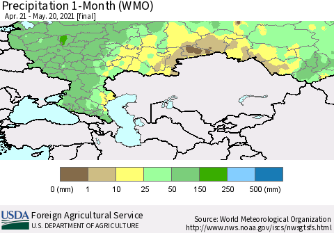 Russian Federation Precipitation 1-Month (WMO) Thematic Map For 4/21/2021 - 5/20/2021