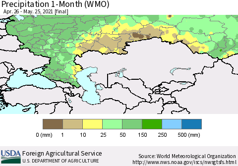 Russian Federation Precipitation 1-Month (WMO) Thematic Map For 4/26/2021 - 5/25/2021