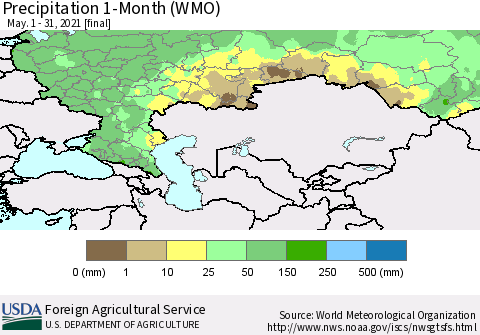Russian Federation Precipitation 1-Month (WMO) Thematic Map For 5/1/2021 - 5/31/2021