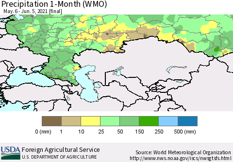 Russian Federation Precipitation 1-Month (WMO) Thematic Map For 5/6/2021 - 6/5/2021