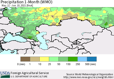 Russian Federation Precipitation 1-Month (WMO) Thematic Map For 5/11/2021 - 6/10/2021