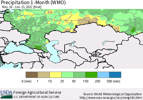Russian Federation Precipitation 1-Month (WMO) Thematic Map For 5/16/2021 - 6/15/2021