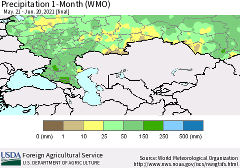 Russian Federation Precipitation 1-Month (WMO) Thematic Map For 5/21/2021 - 6/20/2021