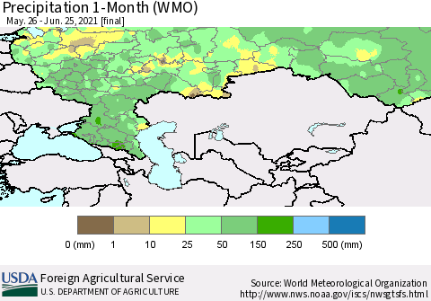 Russian Federation Precipitation 1-Month (WMO) Thematic Map For 5/26/2021 - 6/25/2021