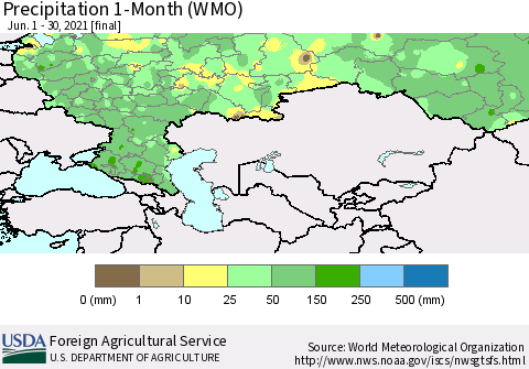 Russian Federation Precipitation 1-Month (WMO) Thematic Map For 6/1/2021 - 6/30/2021