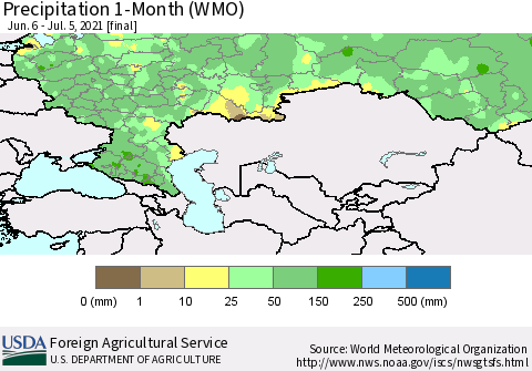 Russian Federation Precipitation 1-Month (WMO) Thematic Map For 6/6/2021 - 7/5/2021