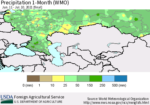 Russian Federation Precipitation 1-Month (WMO) Thematic Map For 6/11/2021 - 7/10/2021
