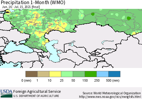 Russian Federation Precipitation 1-Month (WMO) Thematic Map For 6/16/2021 - 7/15/2021