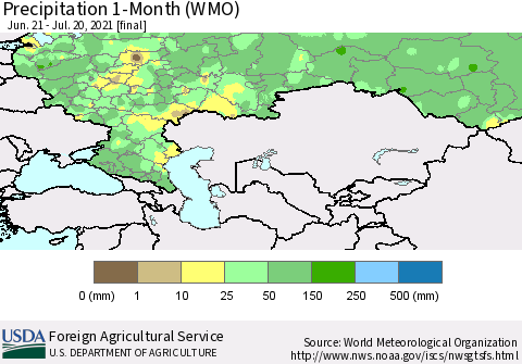 Russian Federation Precipitation 1-Month (WMO) Thematic Map For 6/21/2021 - 7/20/2021