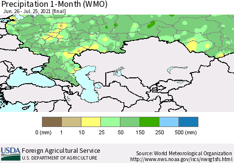 Russian Federation Precipitation 1-Month (WMO) Thematic Map For 6/26/2021 - 7/25/2021