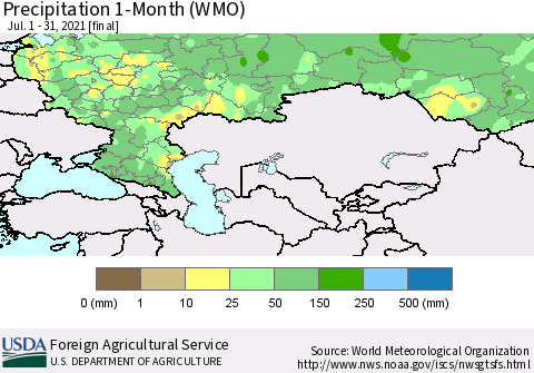 Russian Federation Precipitation 1-Month (WMO) Thematic Map For 7/1/2021 - 7/31/2021