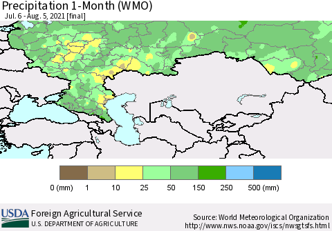 Russian Federation Precipitation 1-Month (WMO) Thematic Map For 7/6/2021 - 8/5/2021