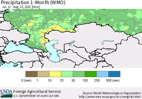 Russian Federation Precipitation 1-Month (WMO) Thematic Map For 7/11/2021 - 8/10/2021