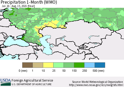 Russian Federation Precipitation 1-Month (WMO) Thematic Map For 7/16/2021 - 8/15/2021