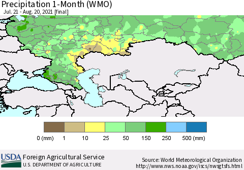 Russian Federation Precipitation 1-Month (WMO) Thematic Map For 7/21/2021 - 8/20/2021