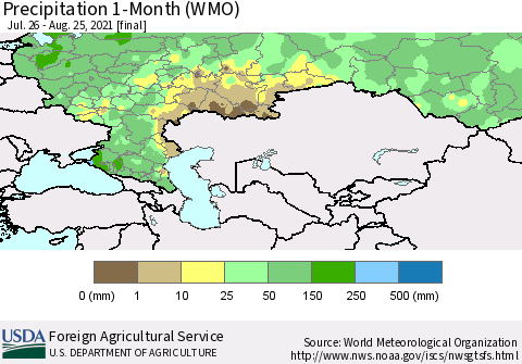 Russian Federation Precipitation 1-Month (WMO) Thematic Map For 7/26/2021 - 8/25/2021