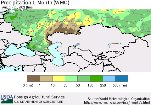 Russian Federation Precipitation 1-Month (WMO) Thematic Map For 8/1/2021 - 8/31/2021