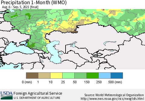 Russian Federation Precipitation 1-Month (WMO) Thematic Map For 8/6/2021 - 9/5/2021