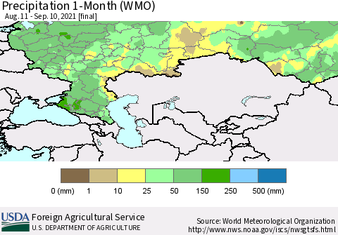 Russian Federation Precipitation 1-Month (WMO) Thematic Map For 8/11/2021 - 9/10/2021